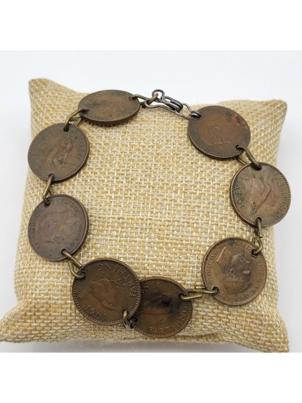 Vintage WWII Farthing Coin Bracelet Estate Jewelry Bird